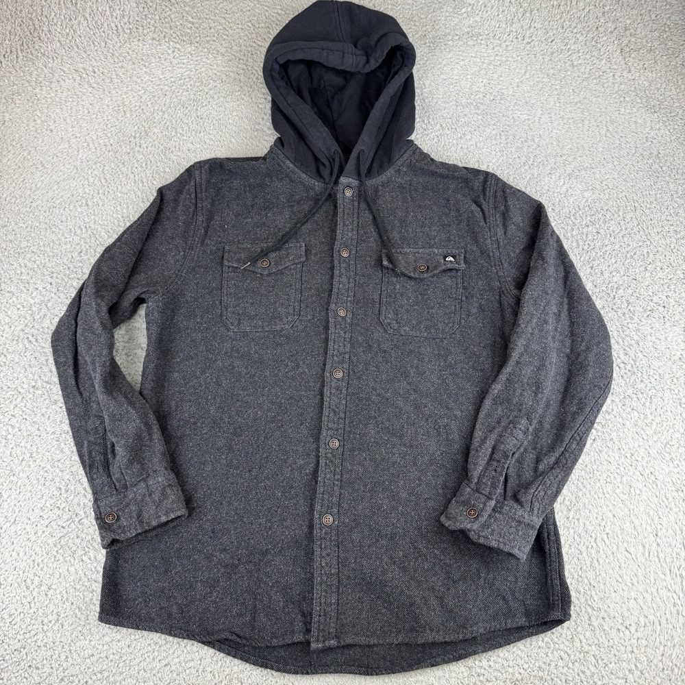Quiksilver Flannel Hoodie‎ Mens Medium Hooded Shirt Jacket Shacket Blackish Gray